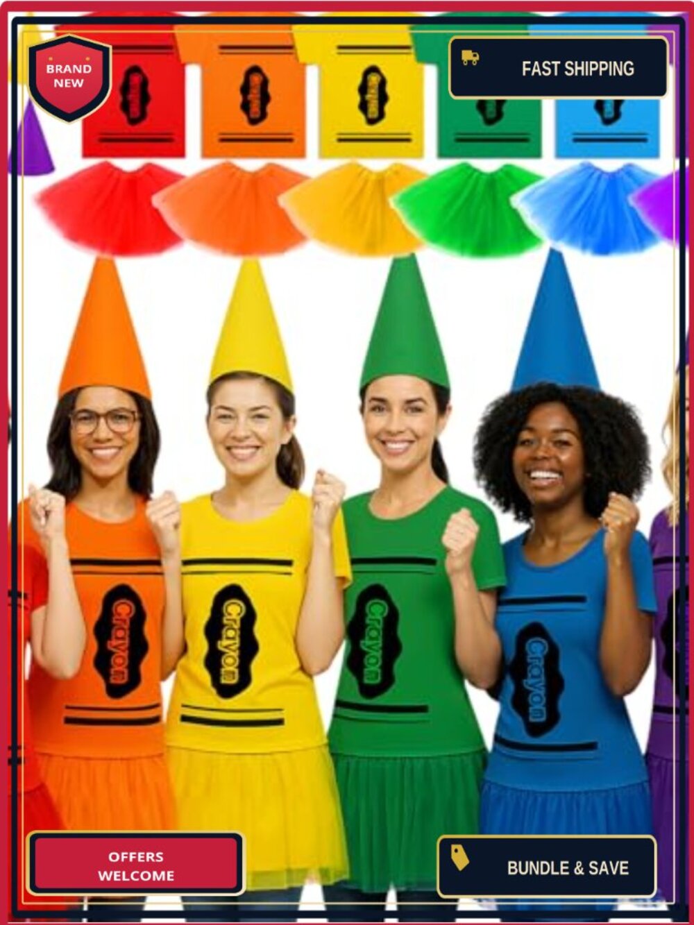 Halloween Crayon Costume Set 6 T-Shirts Tutu Skirts Cone Hats Adult Group